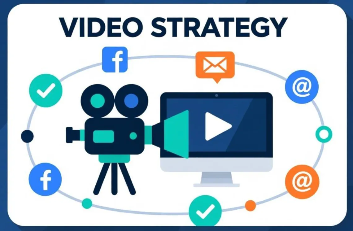 Professional marketing ecosystem diagram showing how commercials and promotional videos work together with social media, email marketing, and web presence to enhance business visibility and guide customers through the buyer journey.
