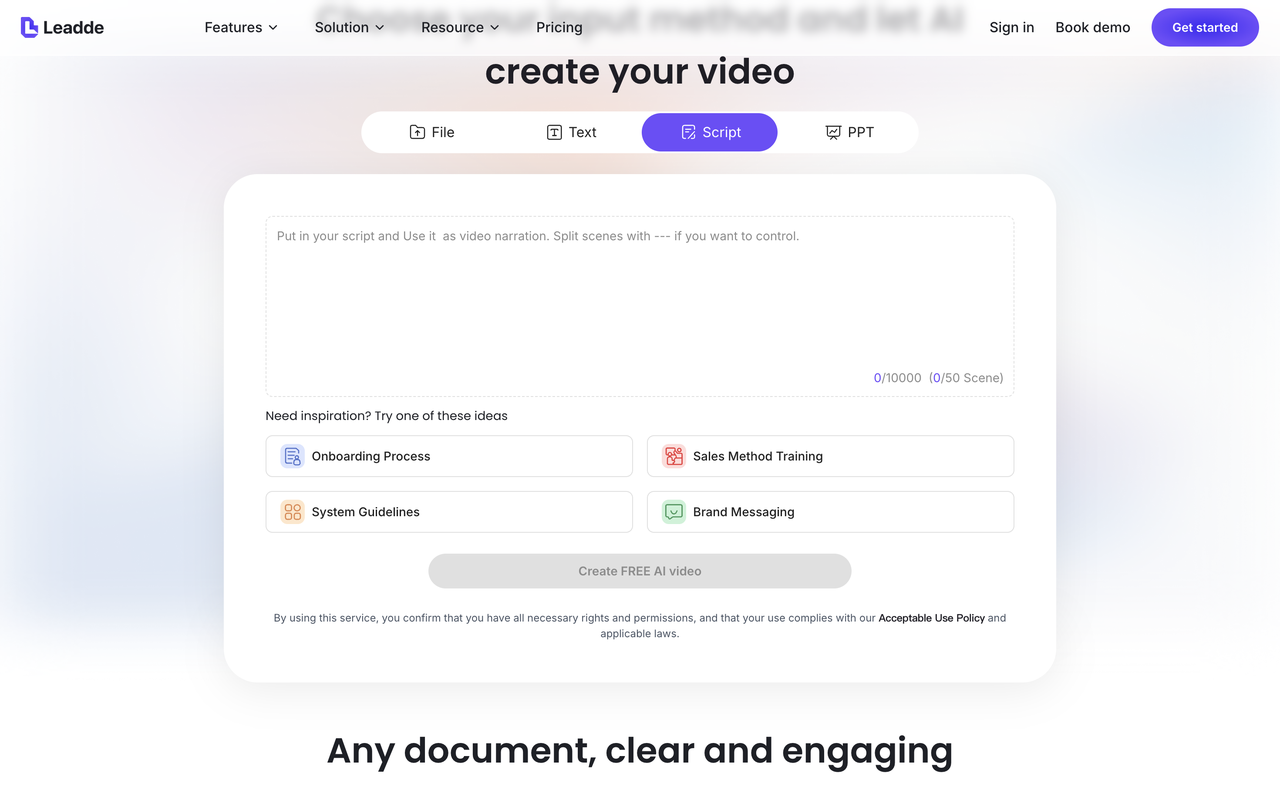 The Leadde Slide Presenter "Generate Script" screen showing a PPT file being processed with an AI avatar preview.